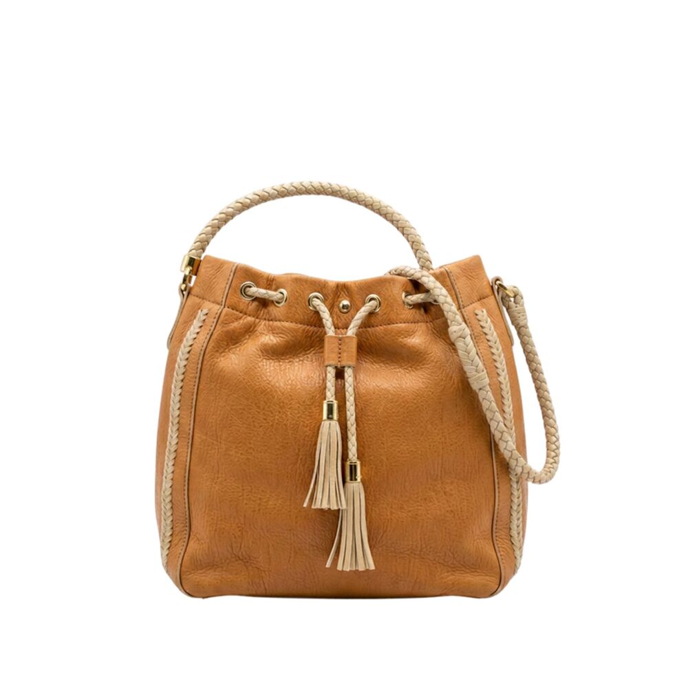 NWT Charming Charlie Whipstitch Drawstring Bucket Bag Cognac Brown Boho